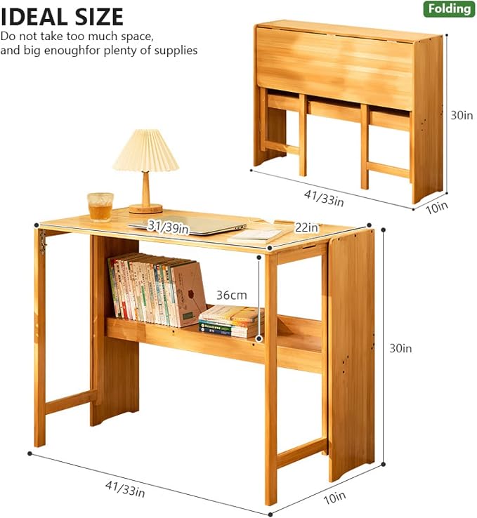 Folding Computer Desk, Natural Bamboo Desk Portable Desk Study Student Writing Desk Small Home Office Desk(39 Inch, Natural)