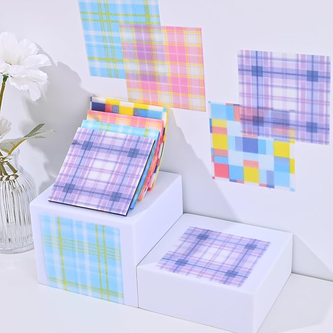 192 Sheets Transparent Sticky Notes, 3 x 3 Clear Self-Stick Note Glitter, Waterproof Translucent Memo Pads, See Through Self-Adhesive Note for Office School (Multicolored Plaid)