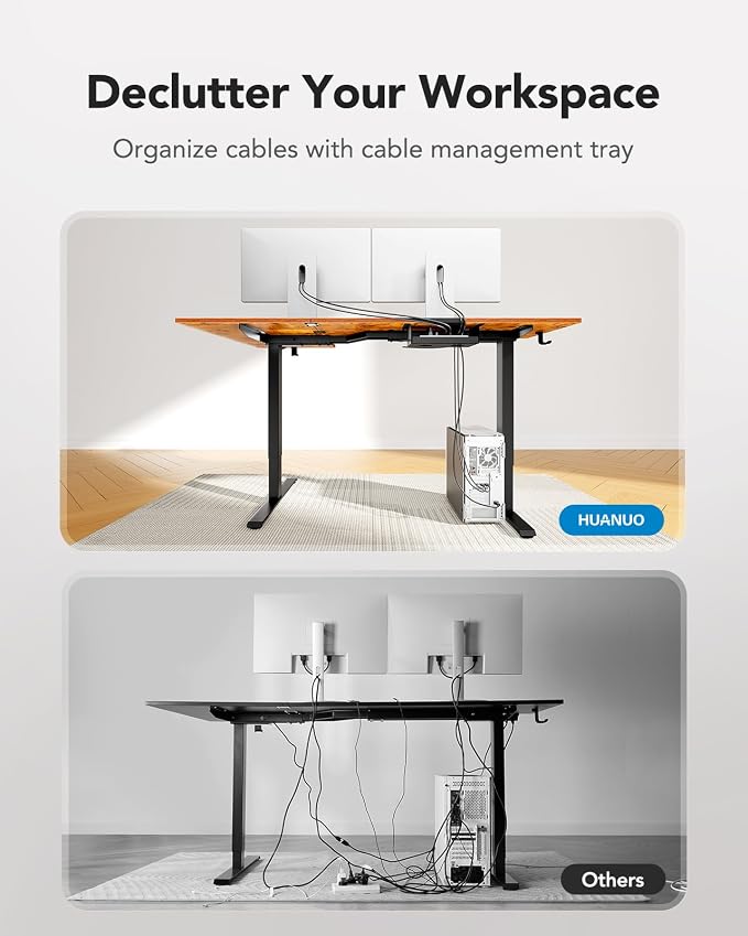 HUANUO Dual Motor 71x48 inch L Shaped Electric Standing Desk with 3 Preset Heights, Electric Height Adjustable Computer Table, 2 Hooks & Cable Tray, Raising Desk for Home Office, Vintage Brown