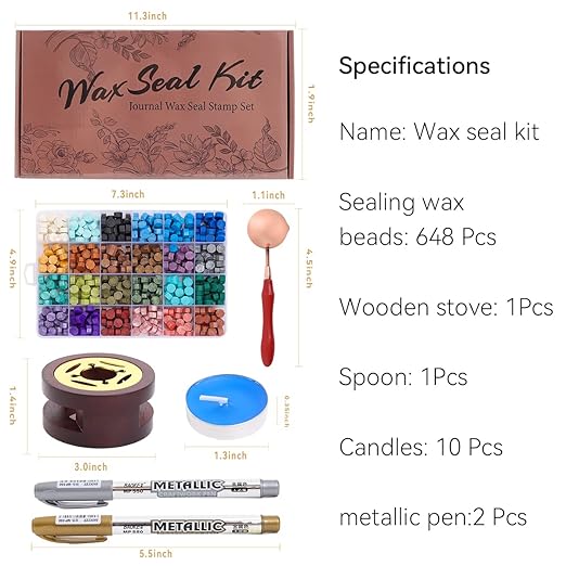 Wax Seal Kit - 624Pc Stamp Kit with 24 Colors, Wax Seal Spoon, Tea Candles, Warmer, Pen