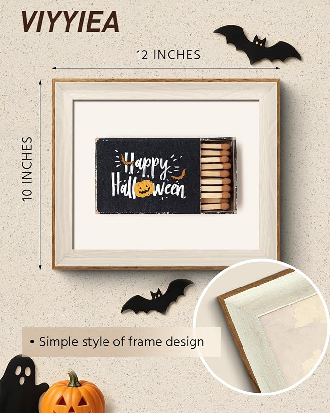 VIYYIEA Framed Wall Art for Living Room, Happy Halloween Matchbox Pumpkin Bats Canvas Painting, Spooky Gothic Aesthetic Creepy Seasonal Home Decor for Bedroom Bathroom, 10×12inch
