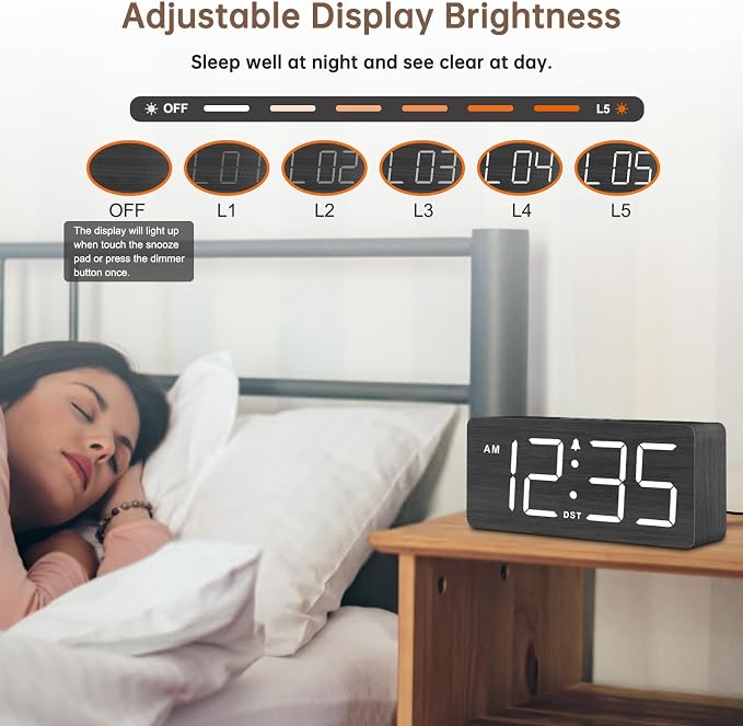 DreamSky Wooden Digital Alarm Clock for Bedroom with Large Numbers | Desk Clock for Living Room Office, Loud Alarm for Heavy Sleepers Adults, Volume Control, Dimmer, DST, Wood Decor (Plug-in)