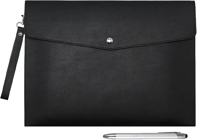 Wonderpool A4 PU Leather Envelope Documents File Portfolio Large Capacity Folders Travel Bag for Paper Letter Stationery Organizer and Tablet Case PC Sleeve (Black)