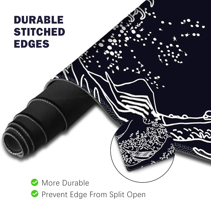 ToLuLu Extended Gaming Mouse Pad, Memory Foam Ergonomic Keyboard Mouse Wrist Rest Support Set, Large Desk Mat with Stitched Edges, Non-Slip Base Mousepad for Home Office Game, Black Wave of Kanagawa