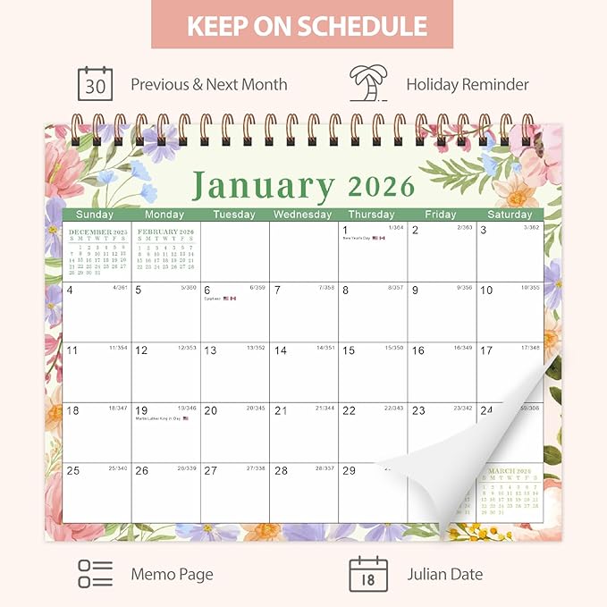 Desk Calendar 2026, Desktop Calendar 2026 Standing Flip Cover 12 Month(January - December), Small Desk Planner with Stickers & Notes for Office Accessories and Home School Supplies, 8" x 6", Floral