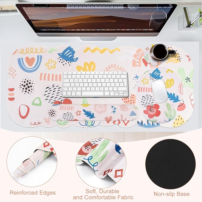 Petmolico Desk Pad Set with Wrist Rest for Keyboard & Mouse, Colorful | Anti-slip PU base, durable Lycra & memory foam, relieves wrist fatigue, perfect for work, home & daily use
