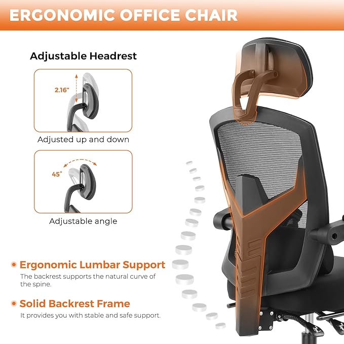 Sweetcrispy Office Computer Desk Chair, Ergonomic High-Back Mesh Rolling Work Swivel Chairs with Wheels, Comfortable Lumbar Support, Comfy Arms for Home, Bedroom, Study, Student, Black