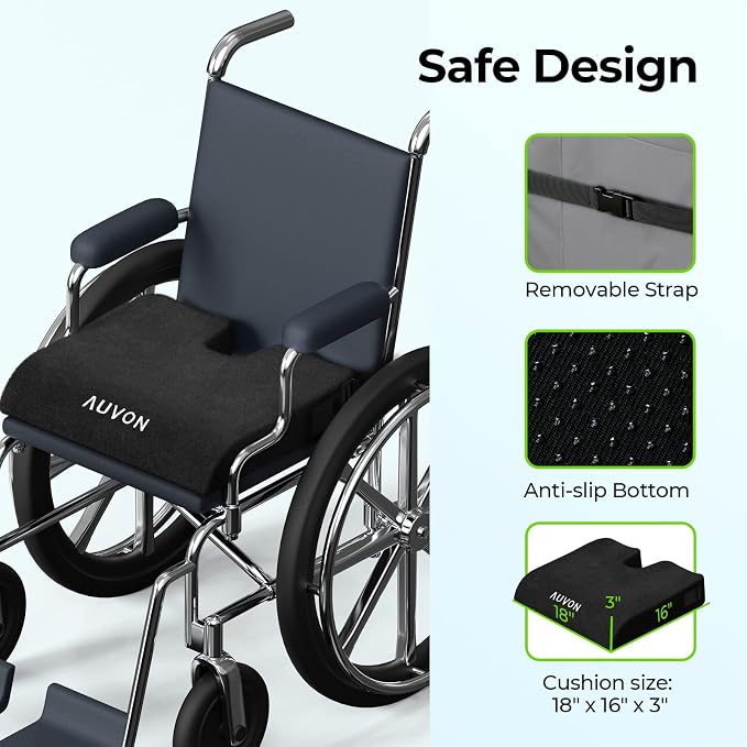 AUVON Wheelchair Seat Cushion, Thigh Slope Design for Long Sitting Comfort | Ergonomic Memory Foam Chair Cushion, U-Cutout for Sciatica & Back Relief, Waterproof Cover, Anti-Sore & Ulcer, Buckle Strap