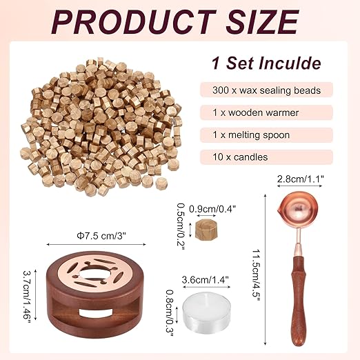 PATIKIL Wax Seal Kit, 300 Pcs Wax Sealing Beads, Wooden Warmer, Melted Spoon, 10 Pcs Tealight Candles for Envelope Letter Mailing Crafts DIY, Light Gold