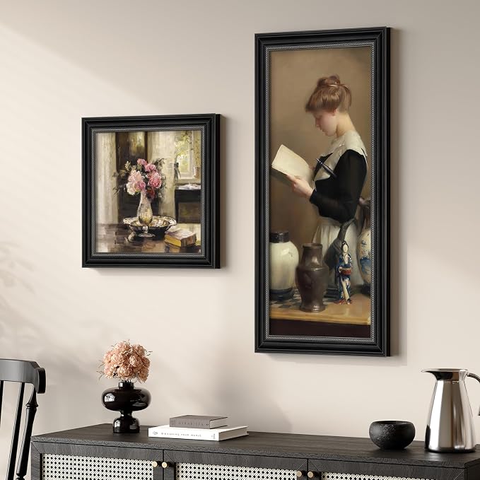 Framed Vintage Wall Art Set of 2 for Bedroom, French Country Cottage Core Canvas Prints Pictures Wall Decor, Victorian Girl Floral Painting for Living Room Office Dining Room Kitchen Wall Decor