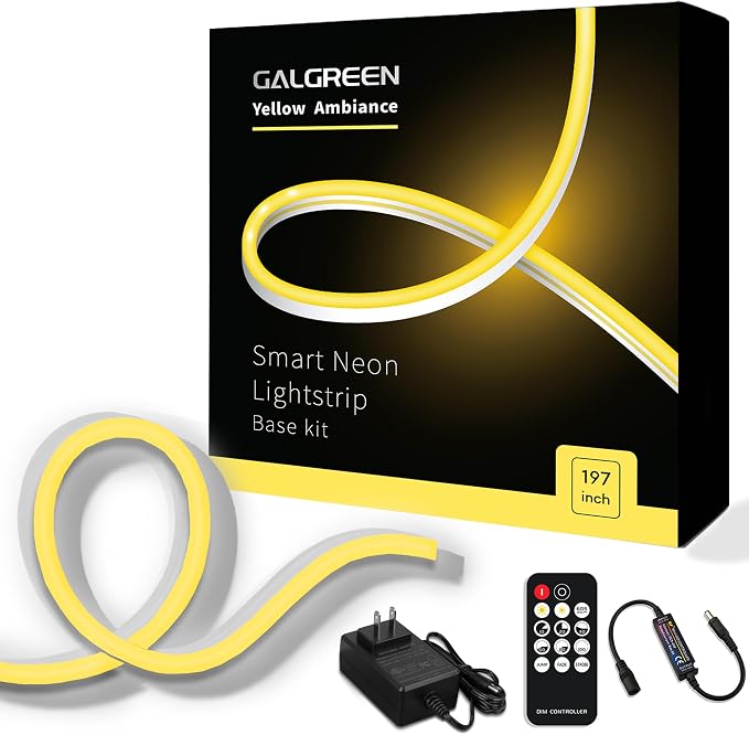 Neon Rope Lights, 16.4ft Rope Lights with Dimmable Remote and Adapter, Waterproof Flexible Smart Led Strip Lights for Bedroom, Super Bright, DIY Neon Sign, Indoors Outdoors Wall Decor, Yellow