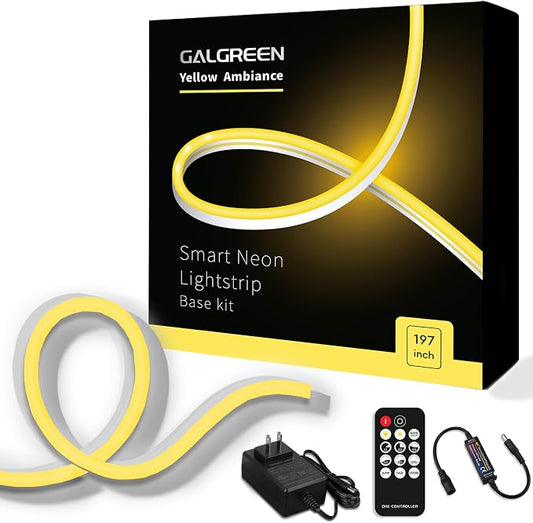 Neon Rope Lights, 16.4ft Rope Lights with Dimmable Remote and Adapter, Waterproof Flexible Smart Led Strip Lights for Bedroom, Super Bright, DIY Neon Sign, Indoors Outdoors Wall Decor, Yellow