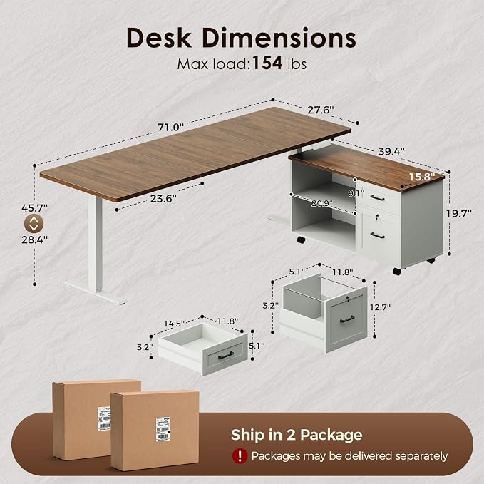 OffiGo 71" L Shaped Electric Standing Desk with File Cabinet, Walnut/White | Mobile Drawers & File Cabinet for Flexible Layout, Height Adjustable Executive Stand Up Desk for Home Office Workstation