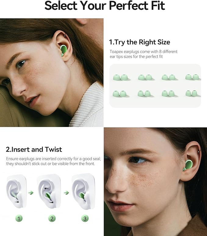 Ear Plugs for Sleeping 45dB Noise Cancelling Ear Plugs for Noise Reduction & Snoring, Concerts, Earplugs for Sleep,Sider Sleepers Airplane, Silicone Earplugs Reusable Concert Ear Plug+8Tip Avocado