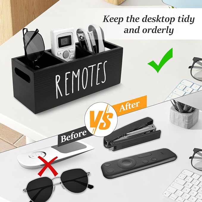 Remote Control Holder, Wooden TV Remote Holder for Table, 3-Compartments Bedside TV Controller Caddy, Wood Remote Organizer Box, Multi-functional Media Organizer Tray for Home Bedroom Nightstand