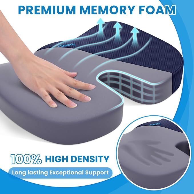TushGuard Memory Foam Seat Cushion for Office Chair, Car Seat, Blue, XL | Office Chair Cushion for Car, Airplane - Chair Pad for Long Sitting Sciatica, Hip, Coccyx,Tailbone Pain Relief, Butt Pillow