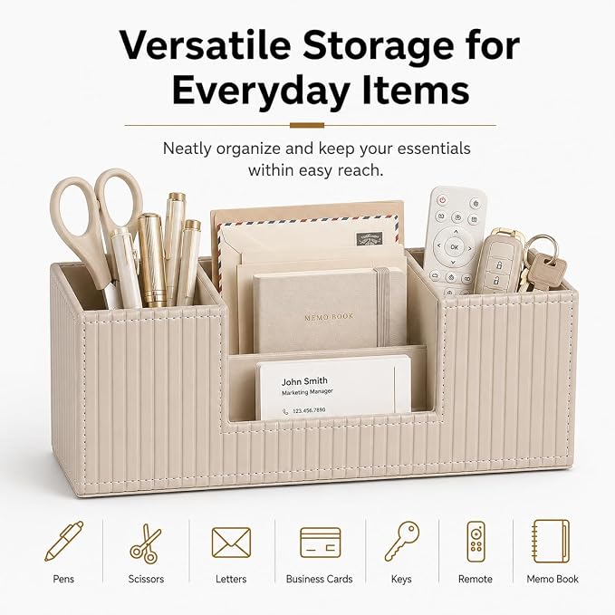 GORESE Pen Holder for Desk, Leather Small Desk Organizer for Office, Beige | 4-Compartment, Vegan Leather, Office Supplies, Desk Caddy Nightstand Organizer for Pen, Pencil, Remote Control, Business Card