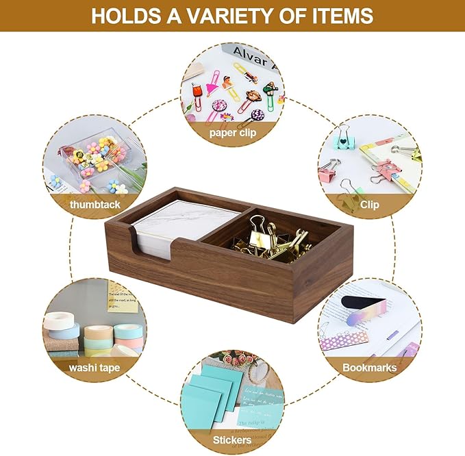 MultiBey Walnut Sticky Note Holder for Desk - 2-in-1 Organizer with Paper Clip Tray & 3x3 Post It Dispenser, Wood Self Stick Memo Pad Holder Dispenser Supplies Organizer for Office Home Schools