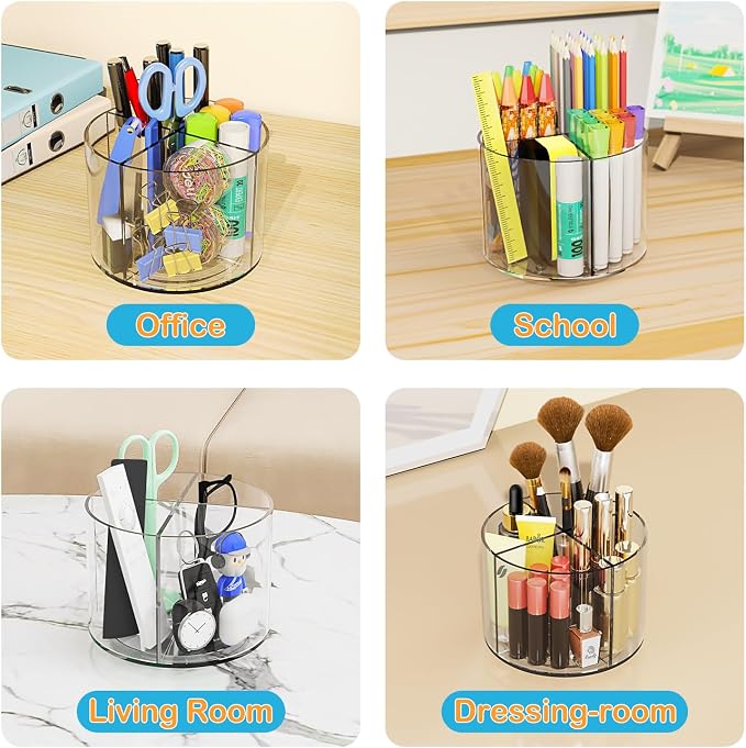 Mefirt Acrylic Pen Holder, 360 Degree Marker Organizer for Desk, Rotating Desk Storage With 4 Compartments, Art Supply Crayon Holder for Office School Home, Clear