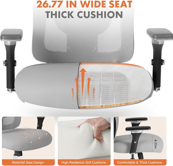 Sweetcrispy Big and Tall Office Desk Chair with Lumbar Support, 500lbs Heavy Duty Mesh Ergonomic Computer Chair with 4D Armrest and Wide Comfy Seat, 360° Swivel Wheels for Adult, Grey