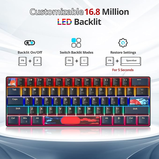 60 Percent Gaming Keyboard Mechanical with Linear Red Switch, 60% Wired Ultra-Compact Mini Keyboard Rainbow with PBT Keycaps for Ps4/Ps5/Xbox(61 Blue)