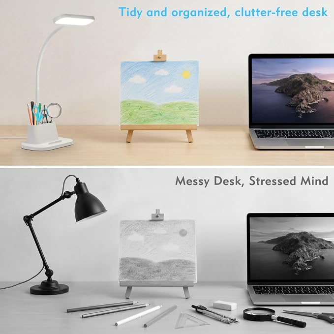 BOHON Desk Lamp for Home Office Reading Light with USB Charging Port White | Small Desk Lamps with Pen Holder, 5 Color Modes 5 Brightness, Touch Gooseneck LED Table Lamp for Dorm Room Essentials Study