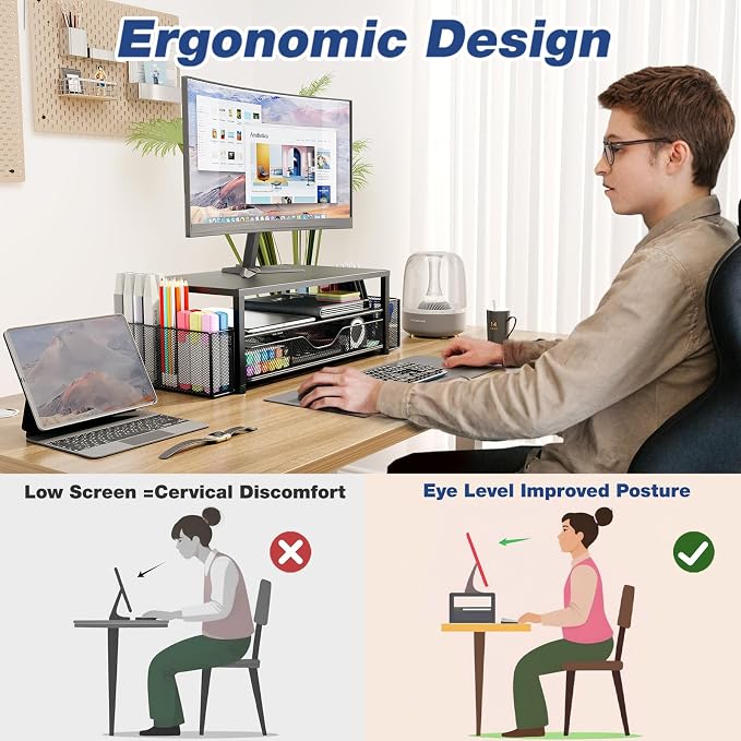 OPNICE Desk Organizers and Accessories, 2-Tier Computer Monitor Stand Riser with Drawer and 2 Pen Holders, Laptop Stand, Office Desk Accessories & Office Decor for Women, Purple
