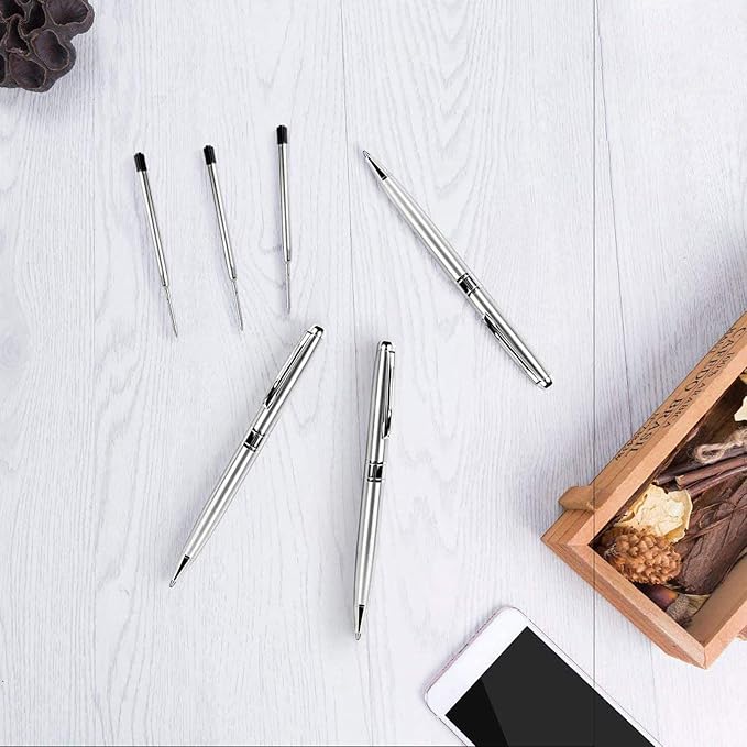 Cambond Ballpoint Pens Black Ink - Weighted Metal Twist Silver Pens for Police Uniform Flight Attendant Business, 1.0 mm Medium Point Smooth Writing, 3 Pens with 3 Refills (Silver)