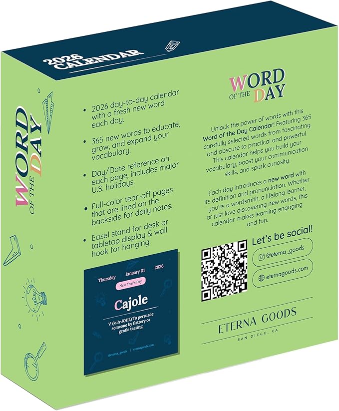 2026 Word of the Day Daily Calendar | Day To Day Tear Off Desktop Calendar with 365 New & Interesting Words & Definitions for Everyday of the Year, Fun Box Calendar Present For Men or Women, Christmas Stocking Stuffer Gift for Home or Office