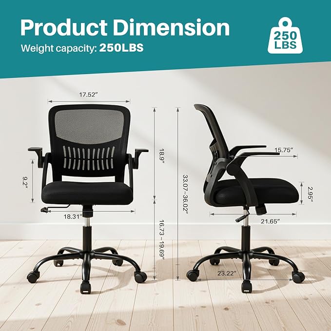 OLIXIS Ergonomic Office Desk Chair, Executive Mid-Back Computer Chair with Comfortable Lumbar Support & Rocking Mode, Height Adjustable with Flip-up Armrest, 360° Swivel, for Adults, Black