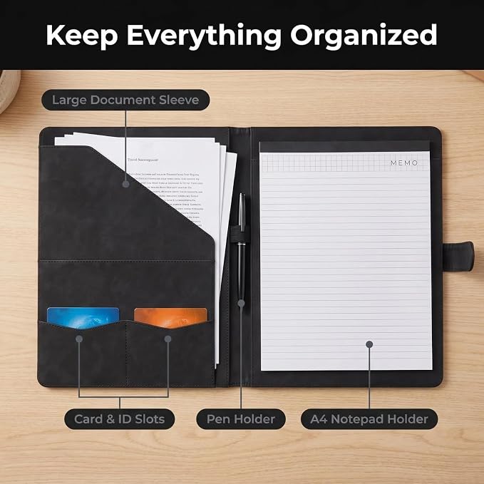 Portfolio Padfolio Binder, Faux Leather Professional Document Organizer with Business Card Holder, Letter-Sized Notepad Legal Pad Holder, Durable Executive Folder for Interviews, Meeting (Black)