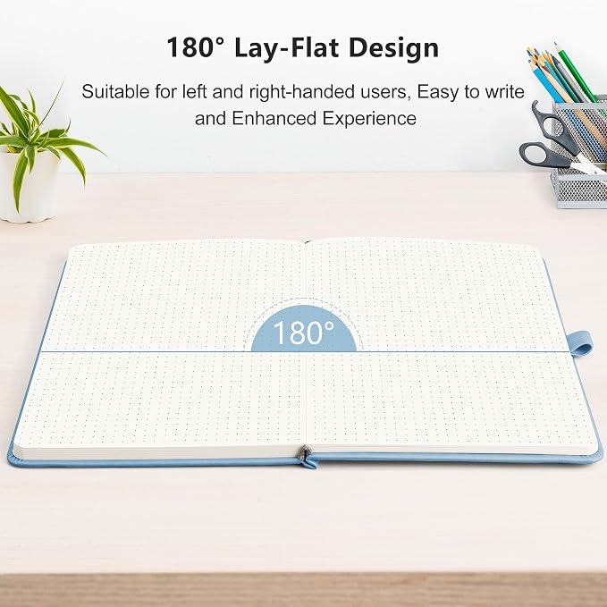 RETTACY Dotted Journal Notebook, 192 Pages, A5 Medium Size (5.7'' x 8.3''), Leather Hardcover, 100 GSM Thick Paper, for Journaling, Planning, Tracking (Light Blue)