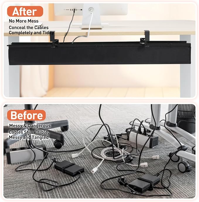 MAXECHO Under Desk Cable Management Tray 48" - Clamp on Wire and Cable Organizer for Storage and to Hide Cords - Ideal for Home Office - Premium Black Fabric Design