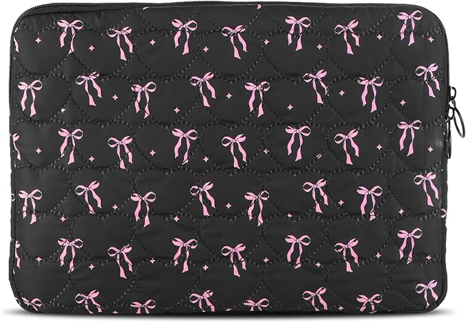 Cute Bow Puffy Laptop Sleeve 13-15 Inch Cute Quilted Laptop Protective Case Padded Bow Computer Sleeve for MacBook