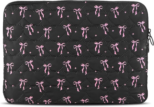 Cute Bow Puffy Laptop Sleeve 13-15 Inch Cute Quilted Laptop Protective Case Padded Bow Computer Sleeve for MacBook