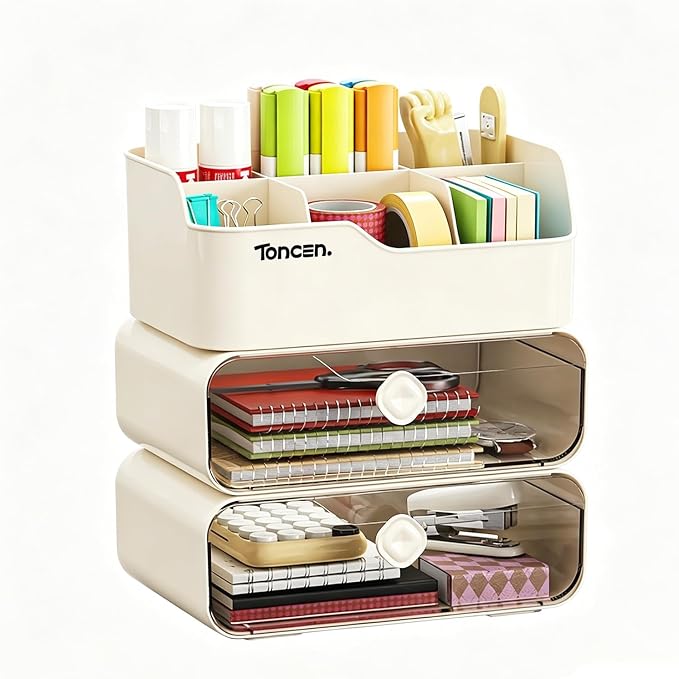 Desk Organizer with Drawers & Divided Compartments, Stackable Desktop Storage Caddy for Makeup and Office Stationery (Cream)