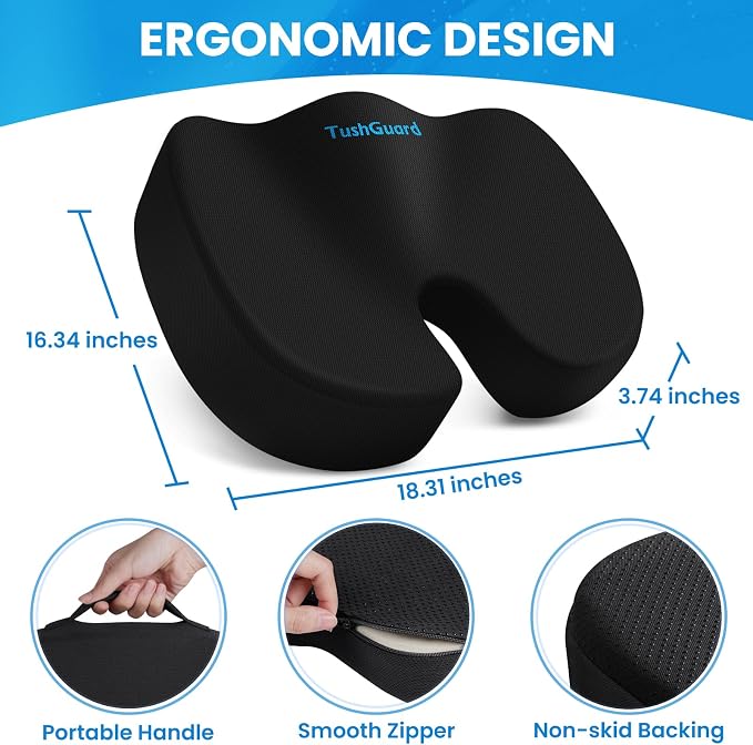 TushGuard Memory Foam Seat Cushion for Office Chair, Car Seat, Black, XL | Office Chair Cushion for Car, Airplane - Chair Pad for Long Sitting Sciatica, Hip, Coccyx,Tailbone Pain Relief, Butt Pillow