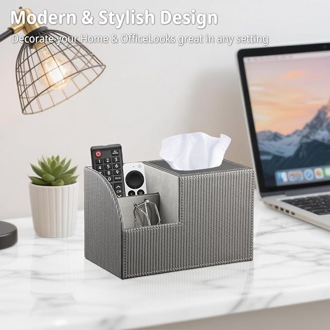 Square Tissue Box Cover with Storage, PU Leather Facial Cube Tissue Holder | TV Remote Control Holder, Desk Accessories Nightstand Organizer, Modern Table Caddy for Bathroom, Bedroom, Home, Office Decor