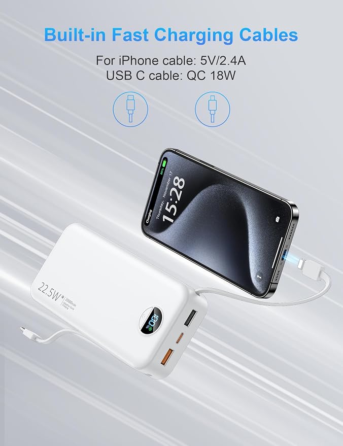 Ffnpua Portable Charger with Wall Plug, 20000mAh USB C Power Bank Fast Charging, External Battery Pack with Built in Cables, Digital Display, 5 Output 2 Input for iPhone Android Cell Phone Tablet