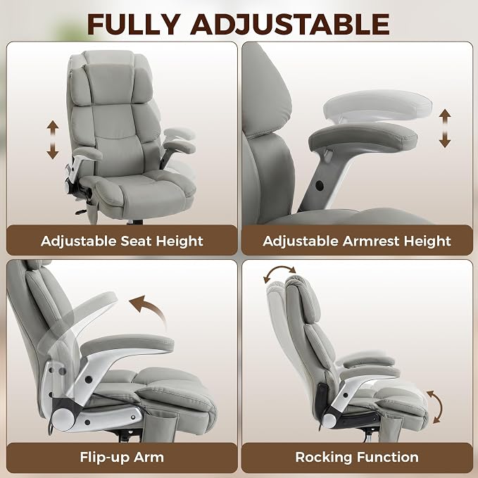 HOMCOM 400 Lbs Heavy Duty Office Chair with Adjustable Lumbar Support Gray | Inflatable Adjustable Lumbar Support, Heavy Duty High Back Desk Chair, Pet-Friendly Fabric, 4-Level Gas Lift