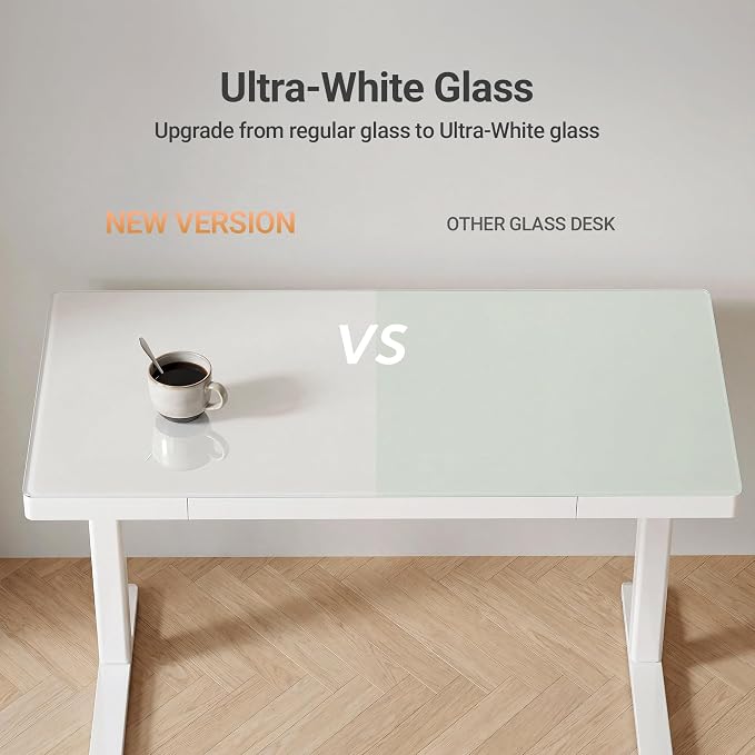 Claiks Touch Screen Glass Standing Desk with Drawers and USB Ports, 48×24 Inch Adjustable Stand Up Desk, Quick Install Home Office Glass Top Computer Desks, White