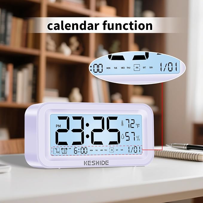Night Light Digital Alarm Clock Battery Operated with Indoor Temperature Humidity, Desk Small Clock,Snooze Model,12/24H Display for Bedrooms Heavy Sleepers Kids Travel Bathroom (Purple)