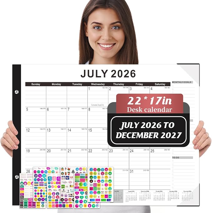 Gannyfer Desk Calendar 2026-2027, Large Desk Calendar 22" x 17", Use July 2026 to December 2027, 18 Monthly Academic Desktop Calendar 2026 with To-Do List, Desk Calendar 2026 for Office, School, Home (6 Stickers)