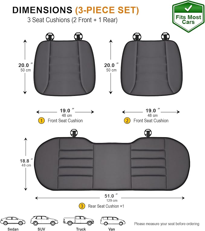kingphenix 3-Piece Memory Foam Car Seat Cushion Set for Driving Comfort | 2 Front Seat Cushions and 1 Rear Bench Pad, 1.2-Inch Memory Foam, Non-Slip Bottom for Sedan, SUV, Truck and Van, Dark Grey