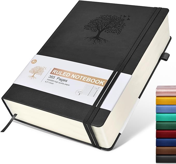 Lined Journal Notebook, 365 Pages A4 Large Journals for Writing Ruled Notebook, Hardcover Leather Journal for Women Men, Daily Notebook for Work, Note Taking, 100Gsm Thick Paper (8.5" x 11" Blcak)