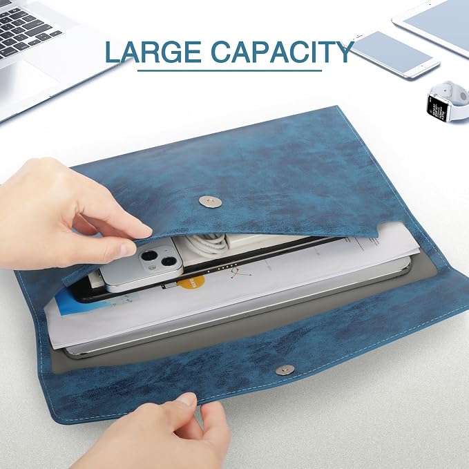 FYY File Folder - PU Leather A4 Document Holder File Organizer Filing Envelope Portfolio Case Tablet Sleeve with Magnetic Snap Closure for Home School Office Stationery Navy