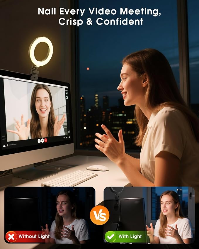 Ring Light for Computer Video Conference - Webcam Light for Monitor Clip On Remote Working Distance Learning Zoom Call Self Broadcasting and Live Streaming Influencer Light Laptop Video Conferencing