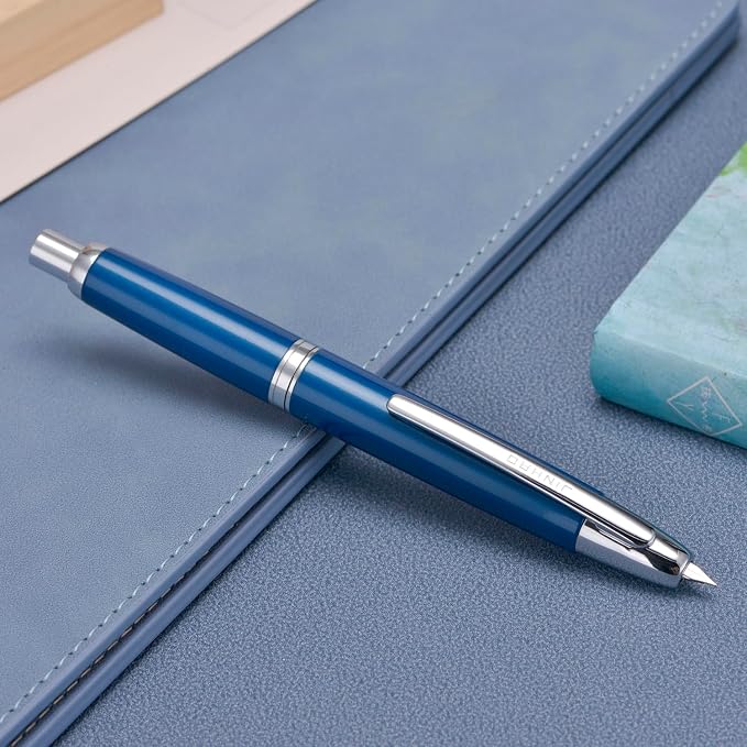 Jinhao 10 Press Fountain Pen with Box, Pearl Blue Retractable Medium Nib with Ink Converter Set (Silver Clip)