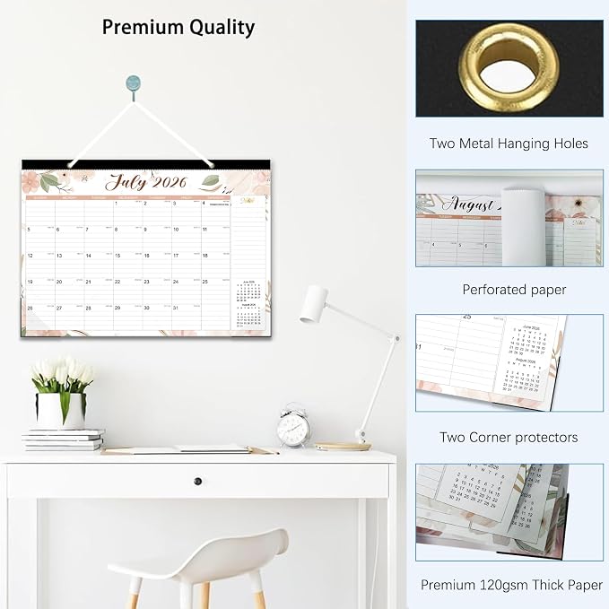 2026-2027 Desk Calendar - 18 Month Desk Calendar 2026-2027, Jul 2026 - Dec 2027, 17" x 12", Large Monthly Desktop Calendar with Daily Blocks, Thick Paper, Corner Protectors - Floral (2 Stickers Included)
