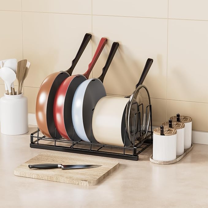 Food Container Lid Organizer Rack with Adjustable 6 Dividers, Black | Full-Metal Pot and Pan Organizer Holder for Home Kitchen Cabinets, Drawers, Countertop, Cupboards, Pantry Shelves Storage